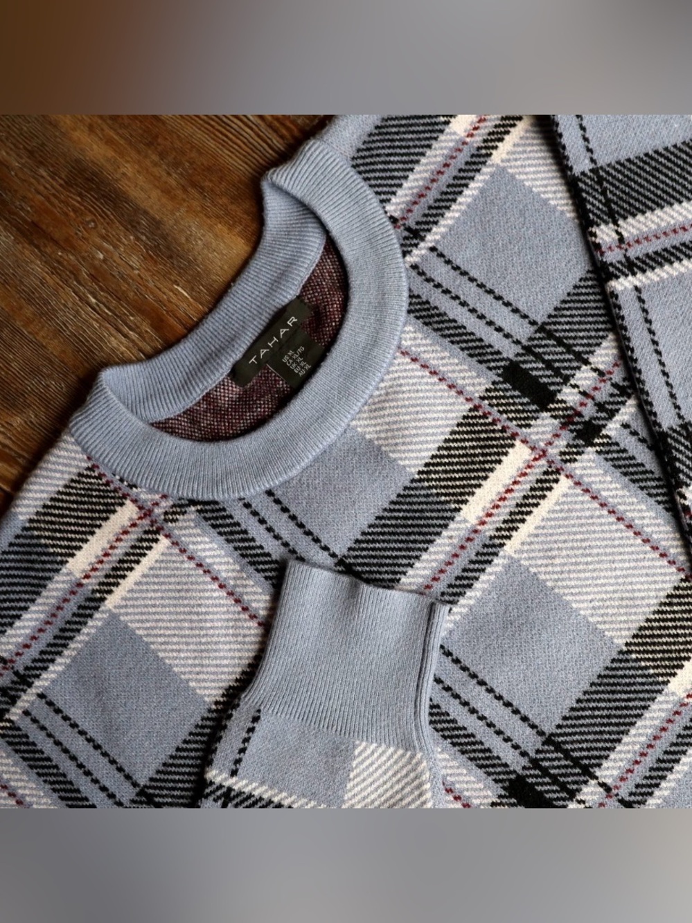 Preppy Soft Knit Blue Plaid Windowpane Sweater Classic Crewneck Womens XL